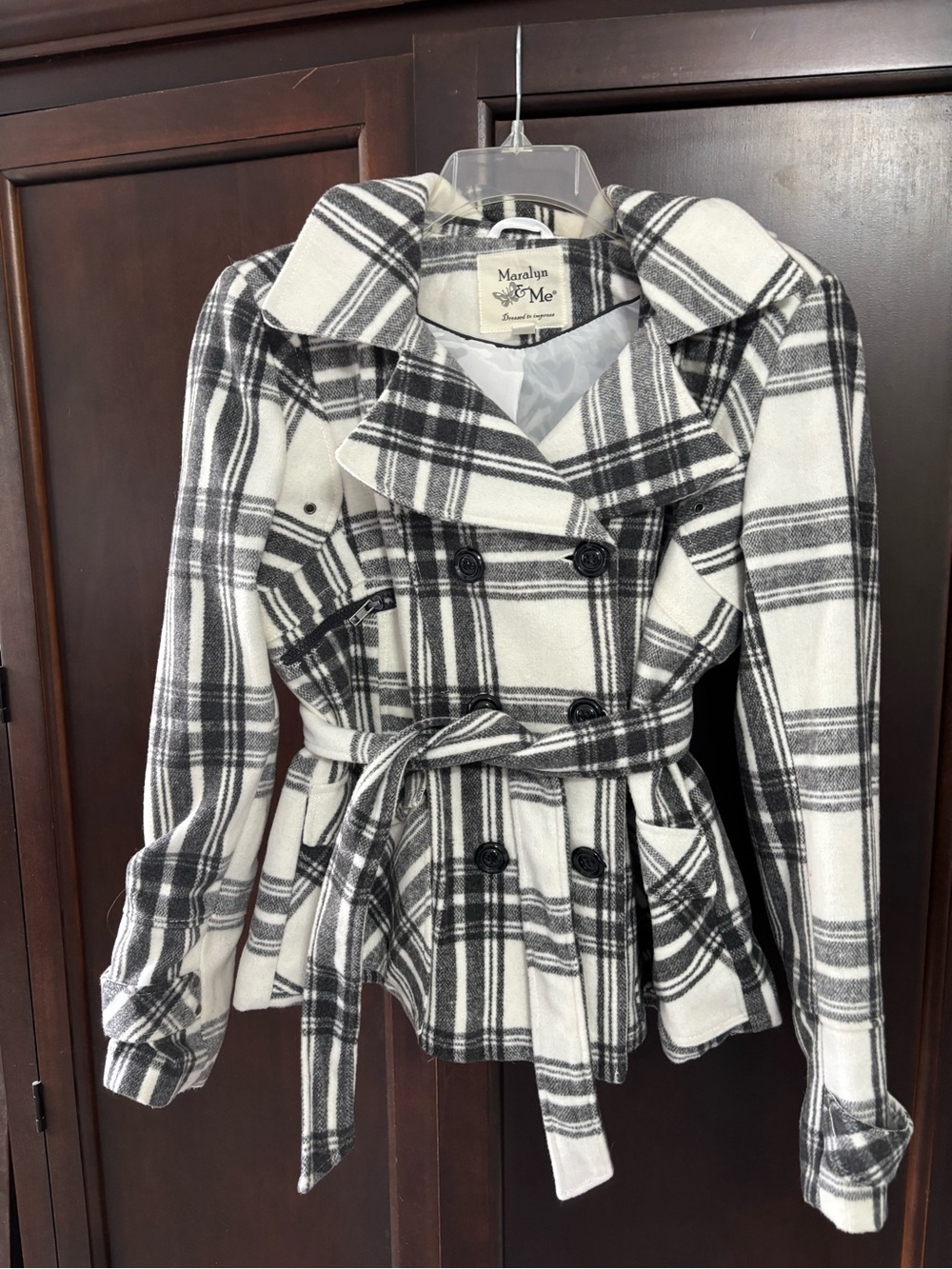 Marolian Me Black & White Plaid Belted Peacoat
